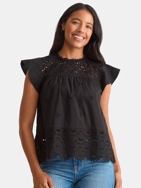 Time & Tru Black Eyelet Blouse | Cotton Flutter Sleeves | Scalloped Hem | Size L